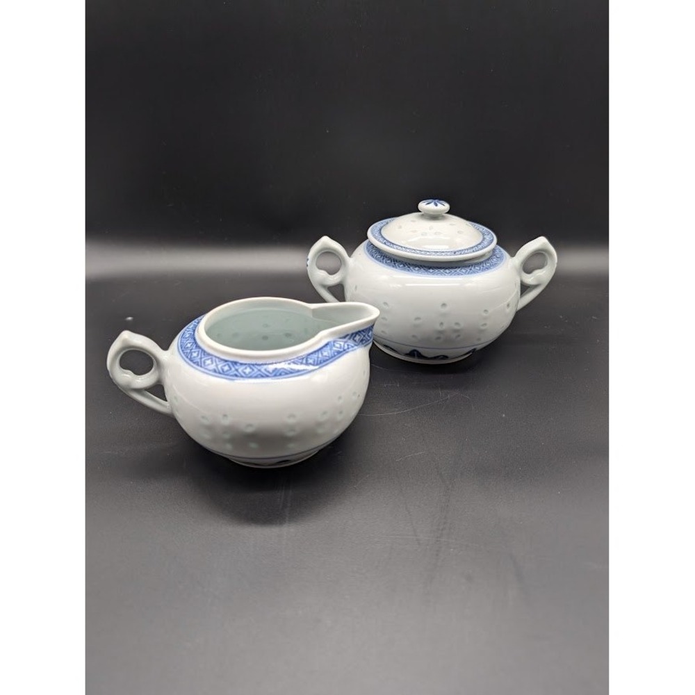Vintage Jingdezhen Rice Grain Sugar‎ Creamer Set Chrysanthemum Porcelain Tea